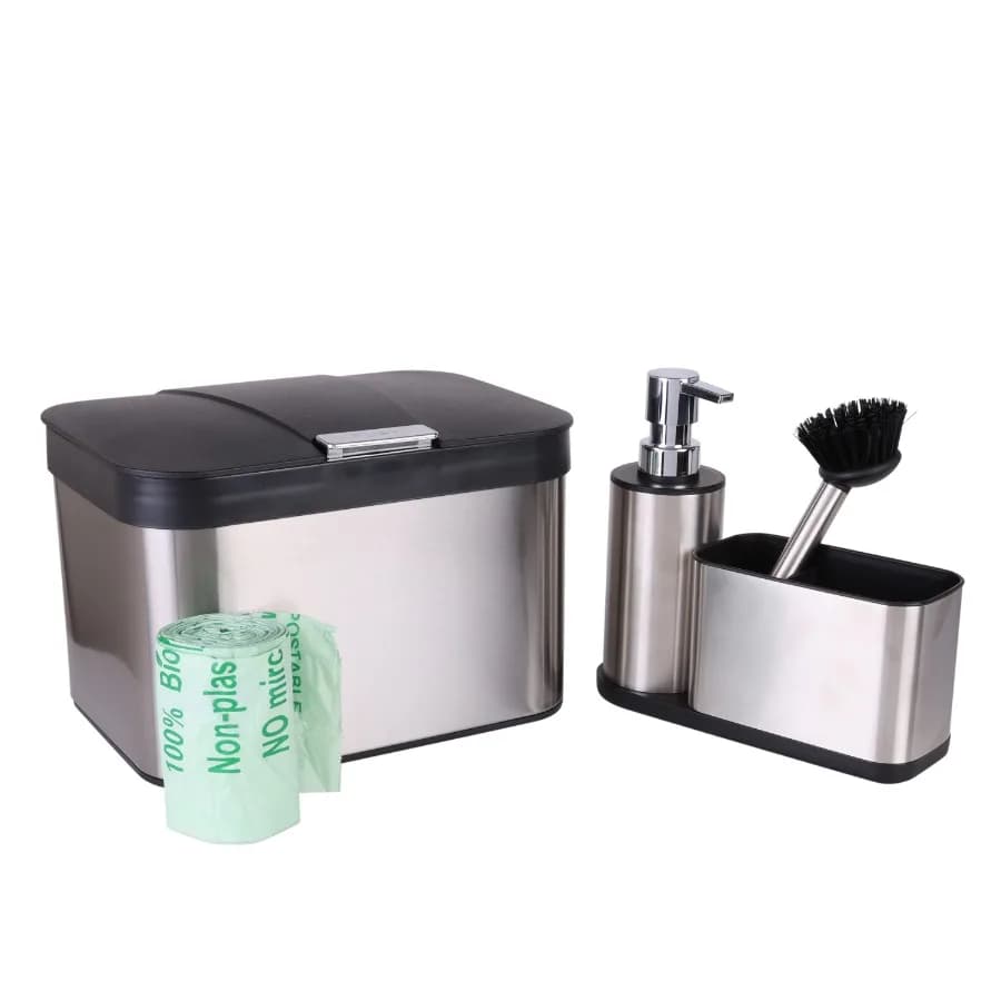 Contenitore per Compost in Acciaio Inox con Sacchetti Biodegradabili per Gestione Rifiuti da Cucina, Organizer Integrato per Lavello e Spazzola Incorporata