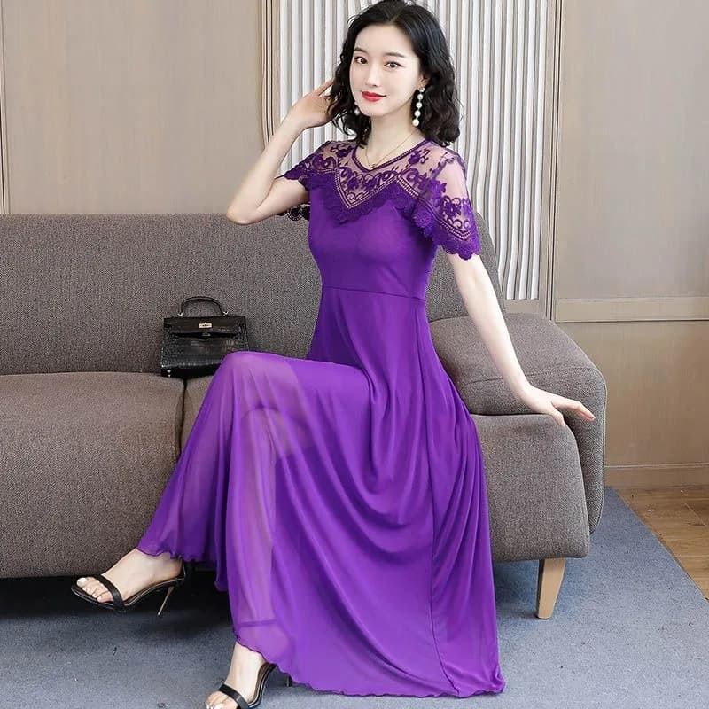 Abito lungo estivo da donna in rete, nuovo modello 2026, a maniche corte, sopra il ginocchio, con vita sottile, ampia gonna a pizzo, elegante e di tendenza