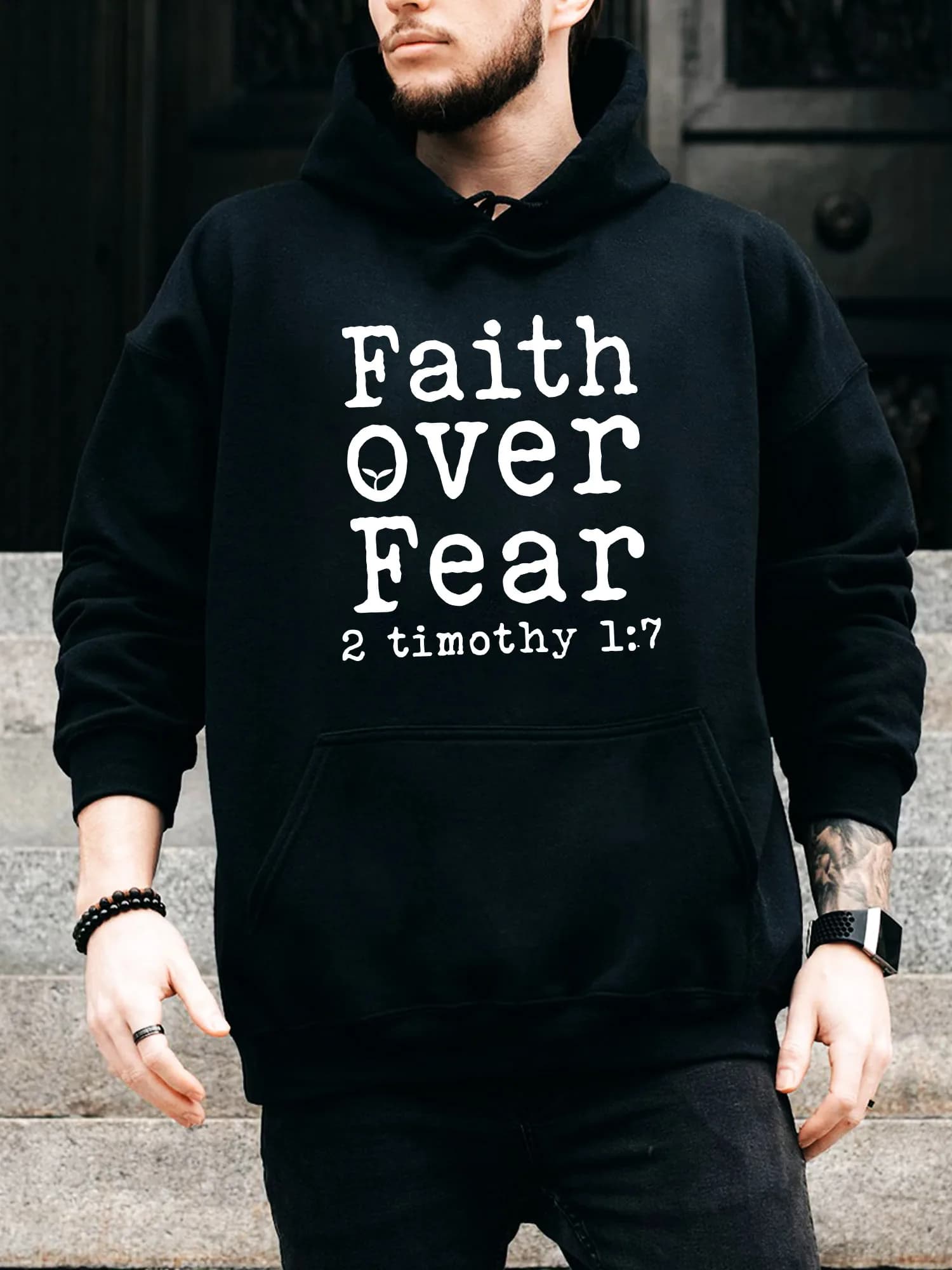 Felpa con cappuccio da uomo con coulisse Faith over Fear - Pullover nero casual e confortevole, felpa con cappuccio autunno e inverno