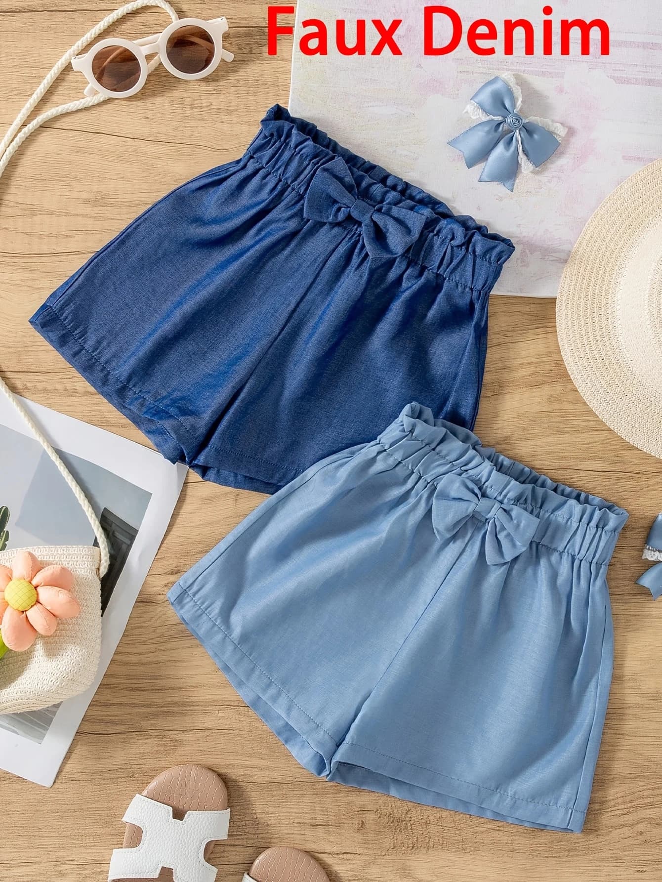 Kids Girls Faux Denim Bow Decor Ruffled Elastic High Waist Loose A-line Casual Shorts Summer Daily Beach Outfit