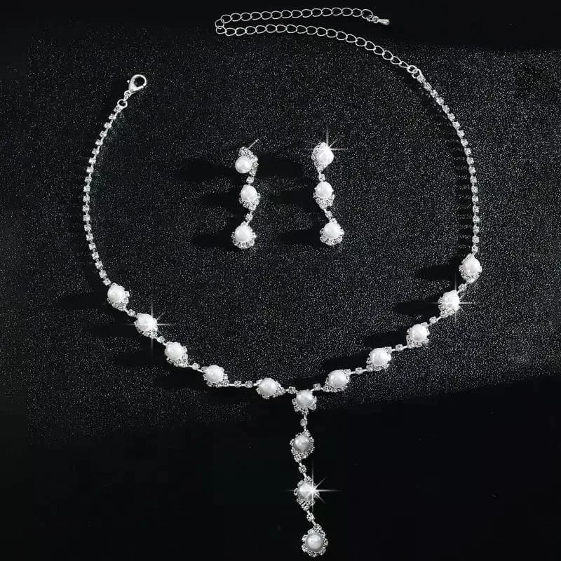 1Set Women Necklace Faux Pearls Rhinestone Embedded Wave Shape Choker Bridal Necklace Stud Earrings Kit Women Wedding Jewelry