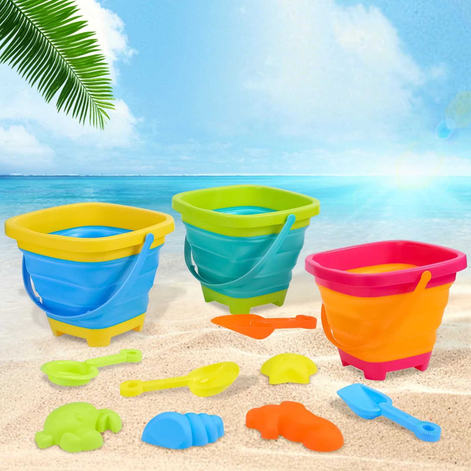 Set di 11 giocattoli da spiaggia per bambini, secchiello da spiaggia pieghevole in silicone, giocattoli da spiaggia da viaggio per il gioco all'aperto estivo