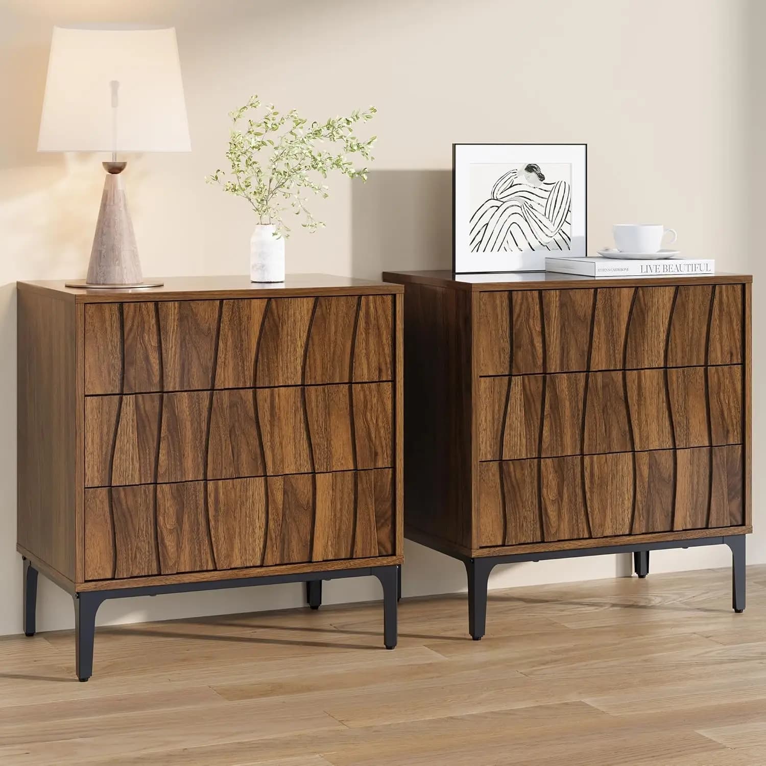 Set di 2 comodini moderni in noce stile Mid-Century, comodino alto 66 cm con 3 cassetti e apertura a pressione senza maniglia, personalizzabile