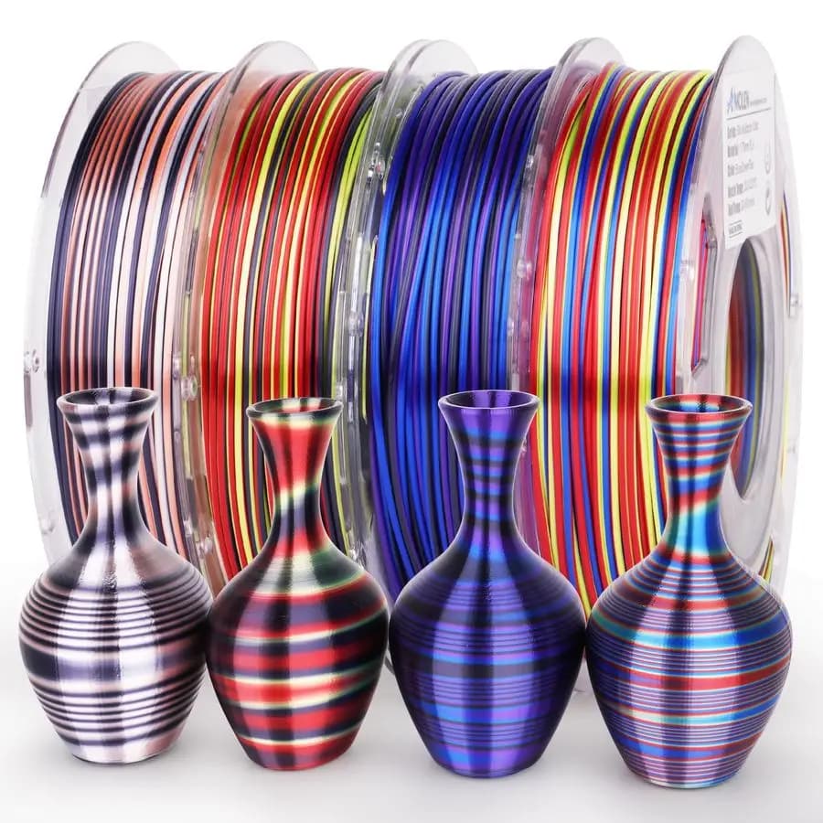 Filamento per Stampante 3D in PLA Seta, Confezione Multicolore Lucida Arcobaleno 1.75mm, Filamento PLA per Stampa 3D a Cambio Colore Rapido
