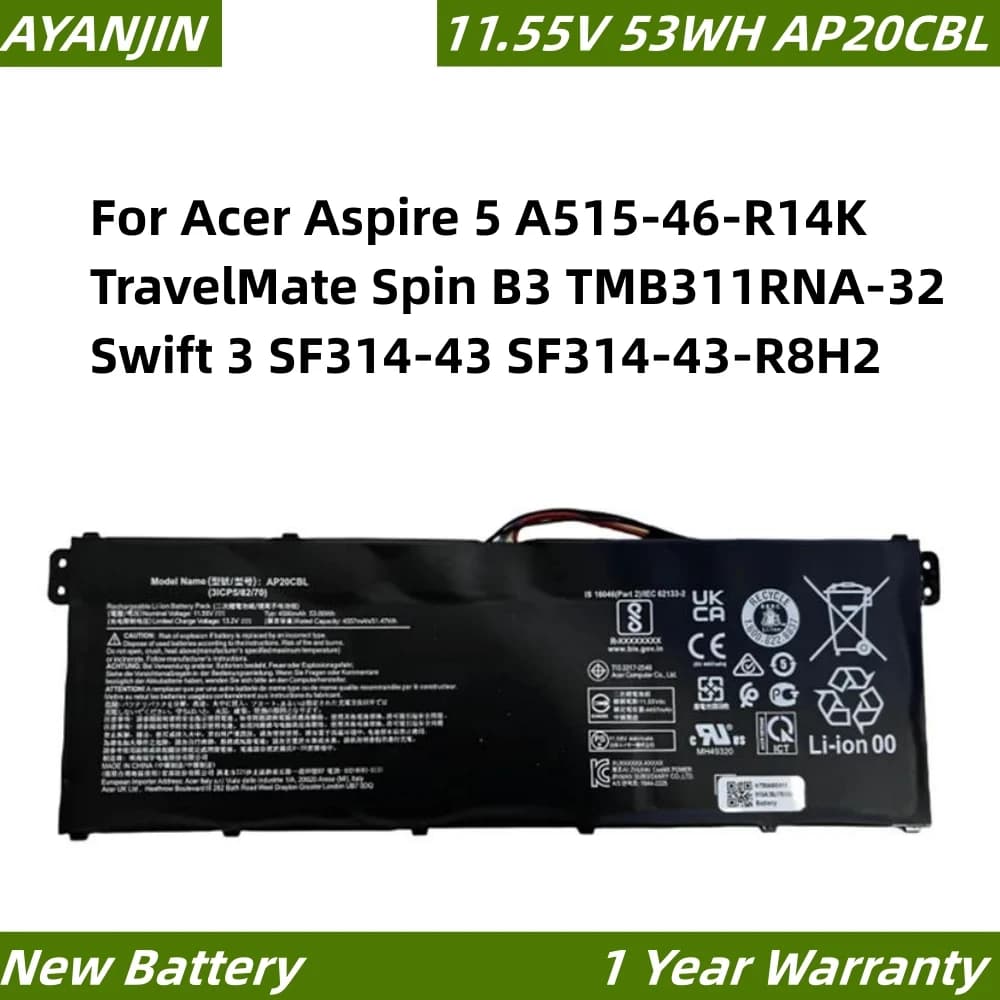 Batteria per laptop AP20CBL 11.55V 53WH per Acer Aspire 5 A515-46-R14K TravelMate Spin B3 TMB311RNA-32 Swift 3 SF314-43 SF314-43-R8H2
