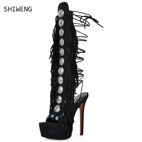 Sexy women boots with open tip and tassel, new luxury platform, black brown retro model, stage boot, catwalk, street, stiletto heels