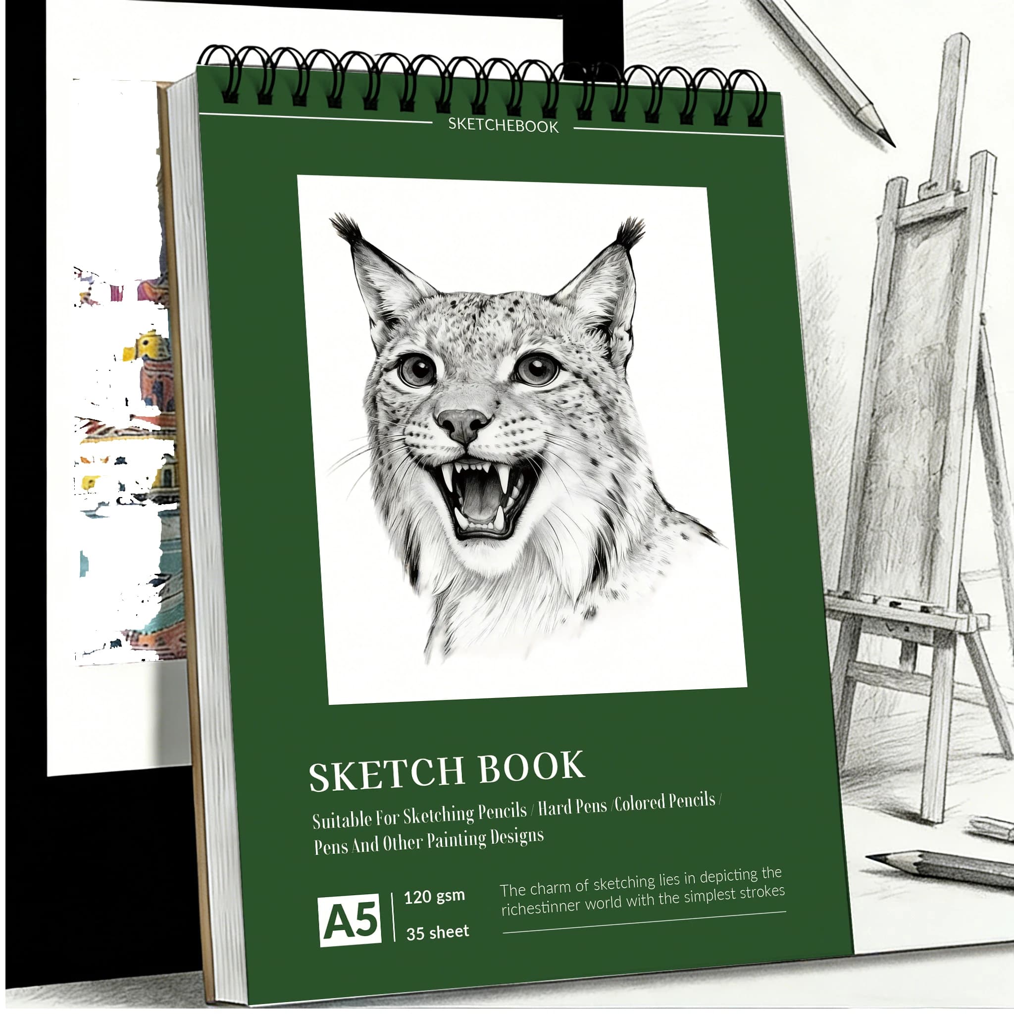A5 Spiral-Bound Art Sketchbook, Lynx Portrait Cover Drawing Pad, 35 Sheets (120gsm) Acid-Free Paper, Ideal for Pencil, Charcoal