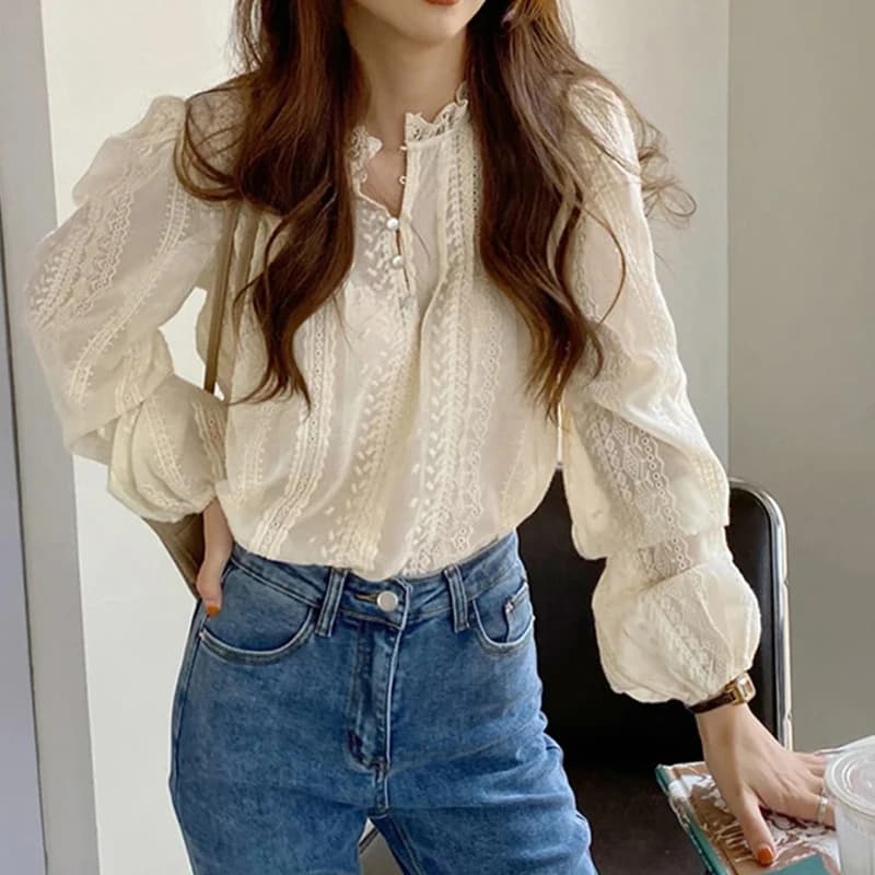 Elegant women's blouse in lace new spring autumn long sleeve casual office shirt loose collar women's korean simple top