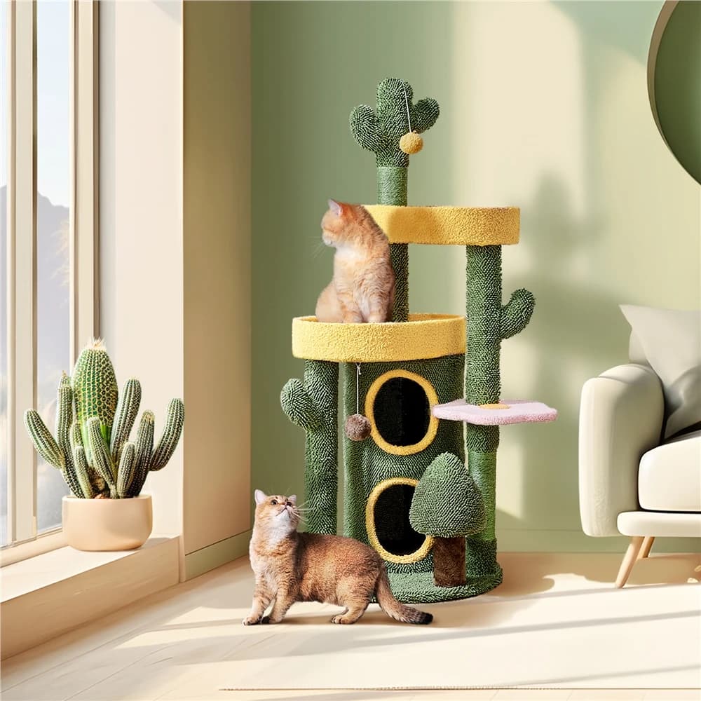 Costoffs Albero per Gatti da 48,5 Pollici a Tema Oasi, Rivestito in Pile, con Cuccia a Forma di Cactus, 3 Posti di Riposo, Tiragraffi e Giocattoli, Carino