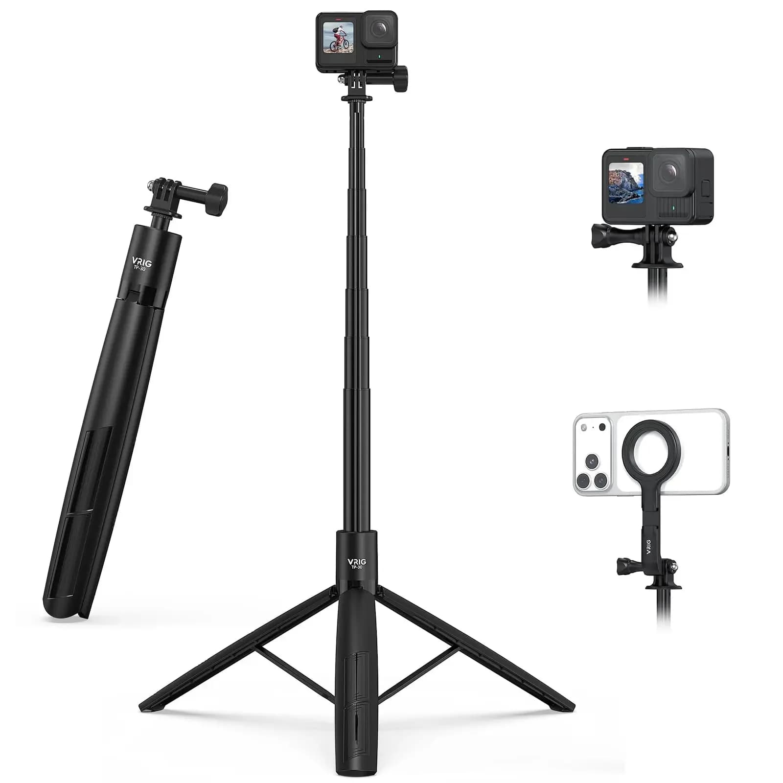 VRIG TP-31 71 Pollici Asta Selfie Universale per Action Camera, Treppiede Estensibile con Adattatore GoPro a Vite da 1/4 e Supporto Magnetico per Telefono
