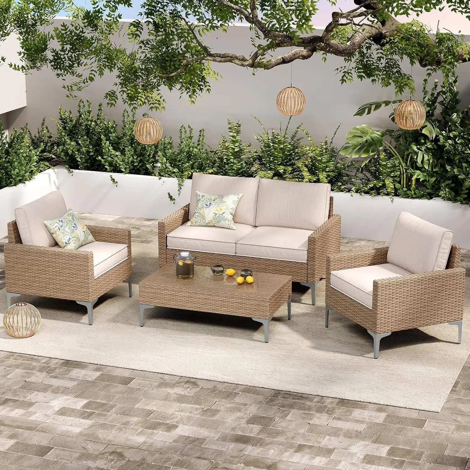 Set da Patio in Vimini Resistente alle Intemperie 4 Pezzi, Divanetto, Sedie, Tavolo, Cuscini, per Giardino e Bordo Piscina, Beige, Personalizzabile
