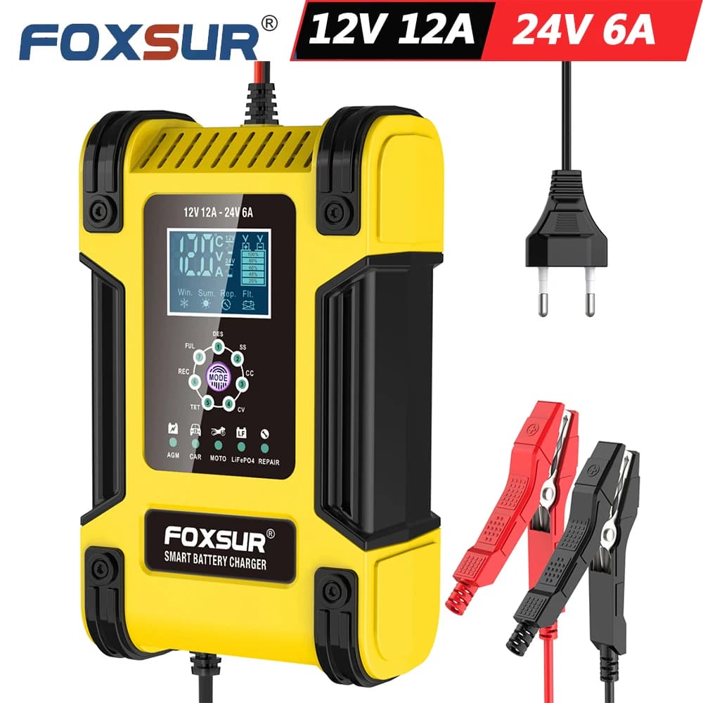 FOXSUR Caricabatterie Auto Completamente Automatico 12V 24V per Batterie al Litio AGM GEL e Piombo-Acido, Riparazione Automatica a 7 Fasi, Adattatore di Alimentazione LCD