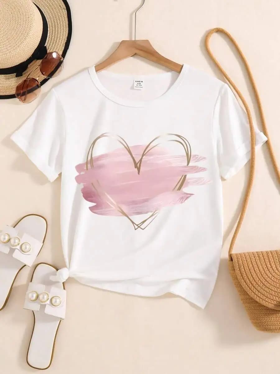 Tween Girls Pink Heart Print Short Sleeve T-Shirt, Casual & Comfortable, Girly, Great Birthday Gift 100% Cotton Kids Trendy Y2K Graphic Short-Sleeve Tee – Soft Quick-Drying Moisture-Wicking Casual Summer Top Perfect Gift