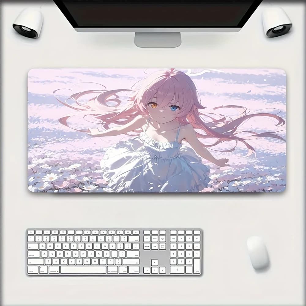 Pink-Haired Anime Girl Gaming Mouse Pad, Non-Slip Office Desk Mat, Pastel Flower Field, Water-Resistant Keyboard Pad Rubber Base