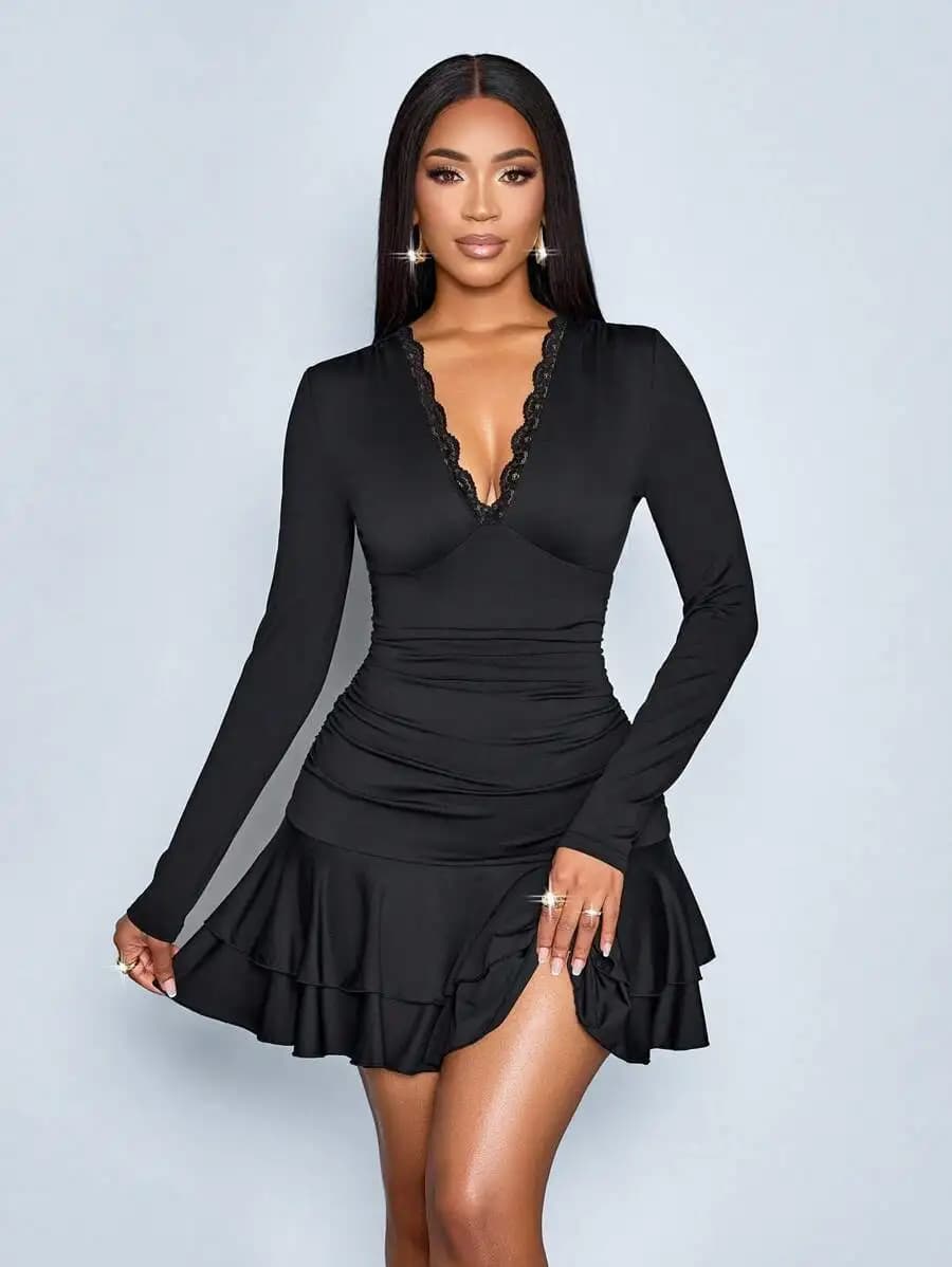 Black Long Sleeve Deep V Neck Lace Pleated Ruffle Hem Mini Dress For Women