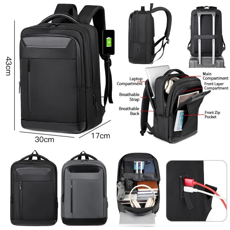 Zaino da viaggio d'affari da uomo con ricarica USB di tipo C Zaino impermeabile per laptop da 15,6 per zaino scolastico da lavoro di compagnia aerea