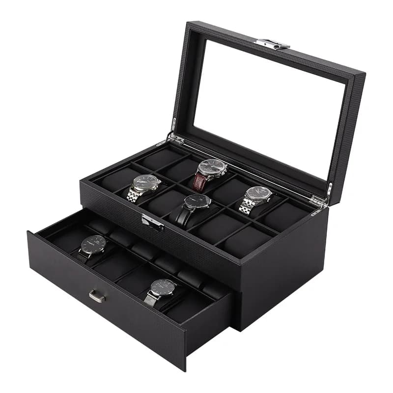 Organizzatore di scatole per orologi di lusso Vetrina a 24 slot in pelle PU nera a doppio strato con portaoggetti per gioielli in fibra di carbonio in vetro quadrato