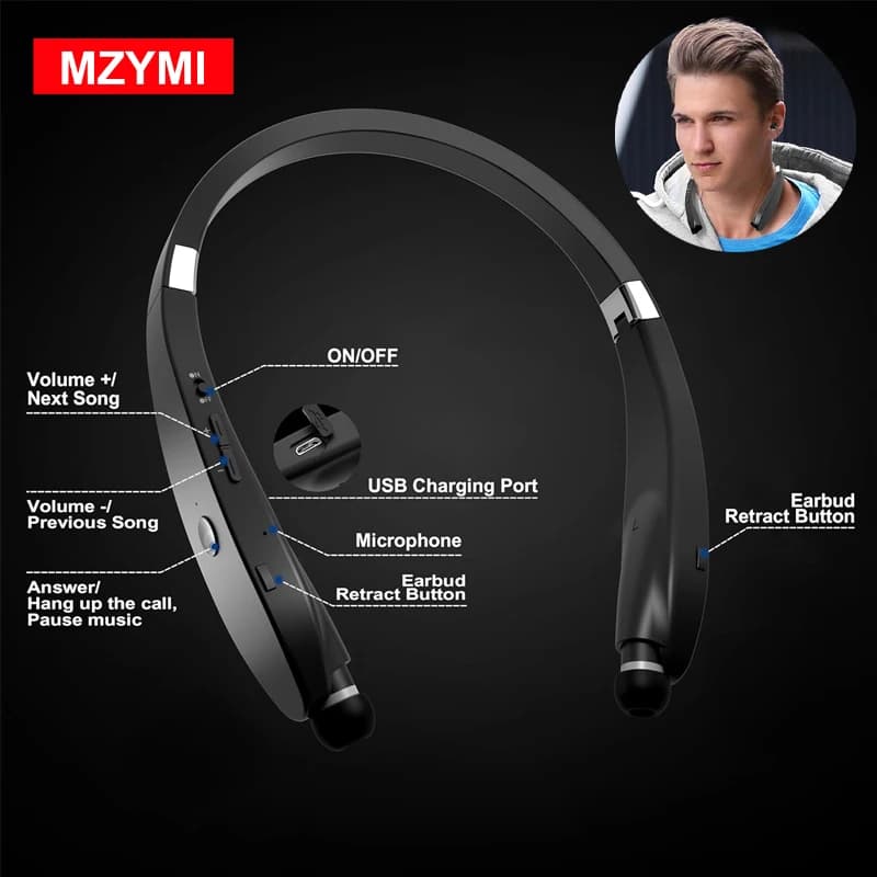 Cuffie Bluetooth Pieghevoli MZYMI, Leggere e Retrattili, con Cancellazione del Rumore, Stereo, Wireless con Fascia da Collo