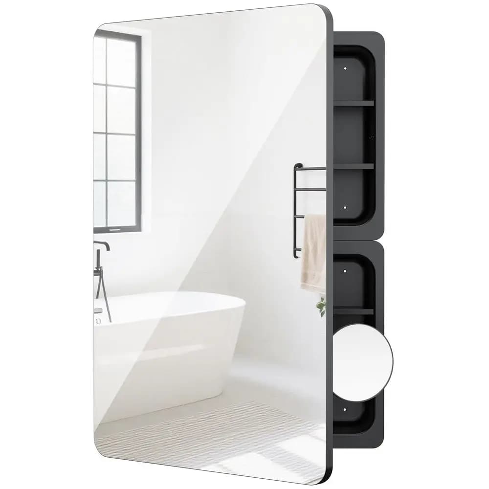 Armadietto a Specchio per Bagno 2436 con Specchio Ingranditore 3X, Ripiani Regolabili, Specchio con Vano Portaoggetti, da Incasso o a Parete