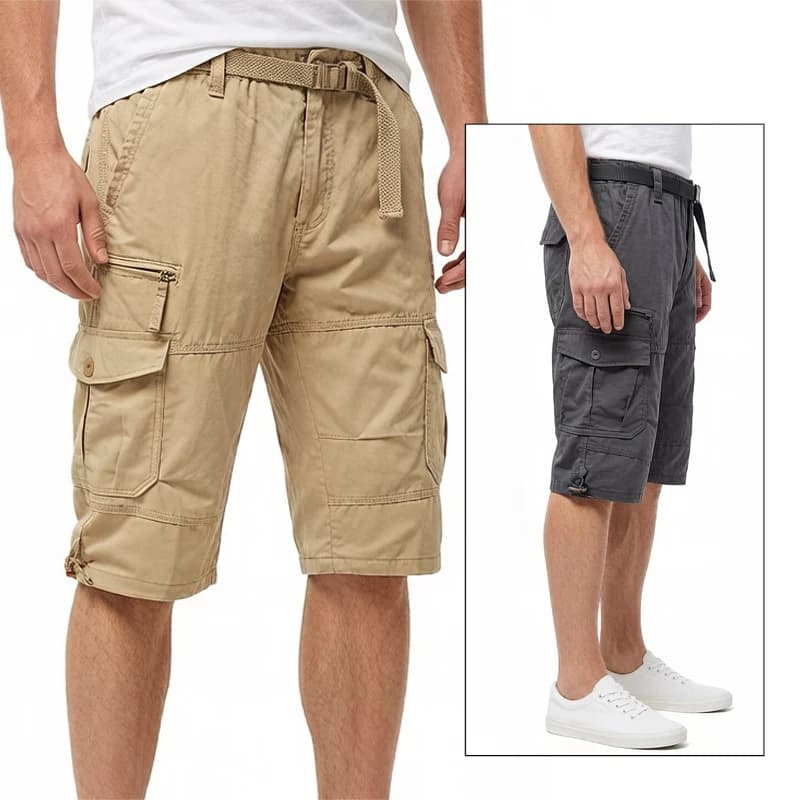 Men's light cotton shorts, casual, racing, under the knee, with elastic waist, for jogging and hiking, with belt.