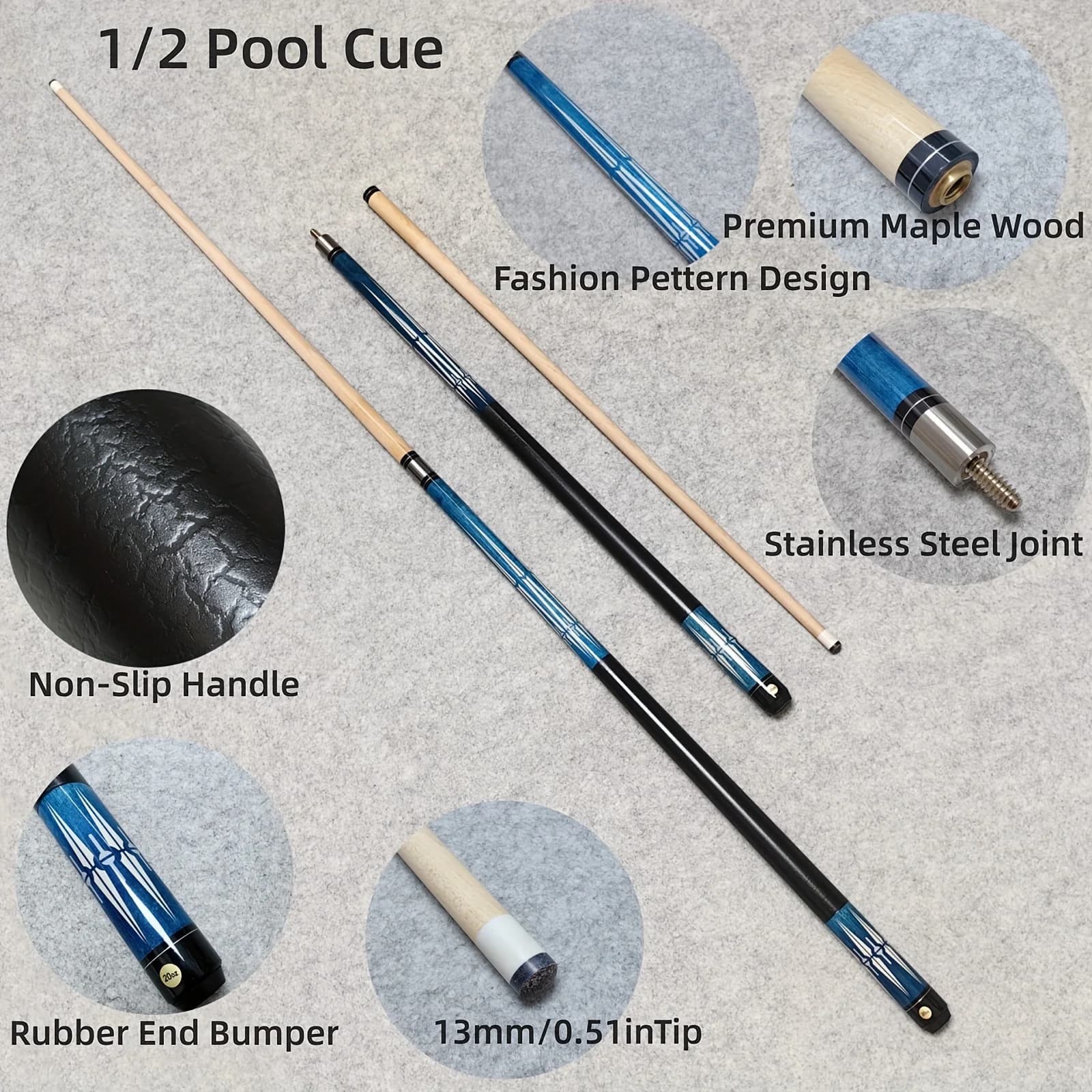 Premium Maple 9-Ball Pool Cue, 1/2 Split, 13mm Tip, Blue Print Non-Slip Handle