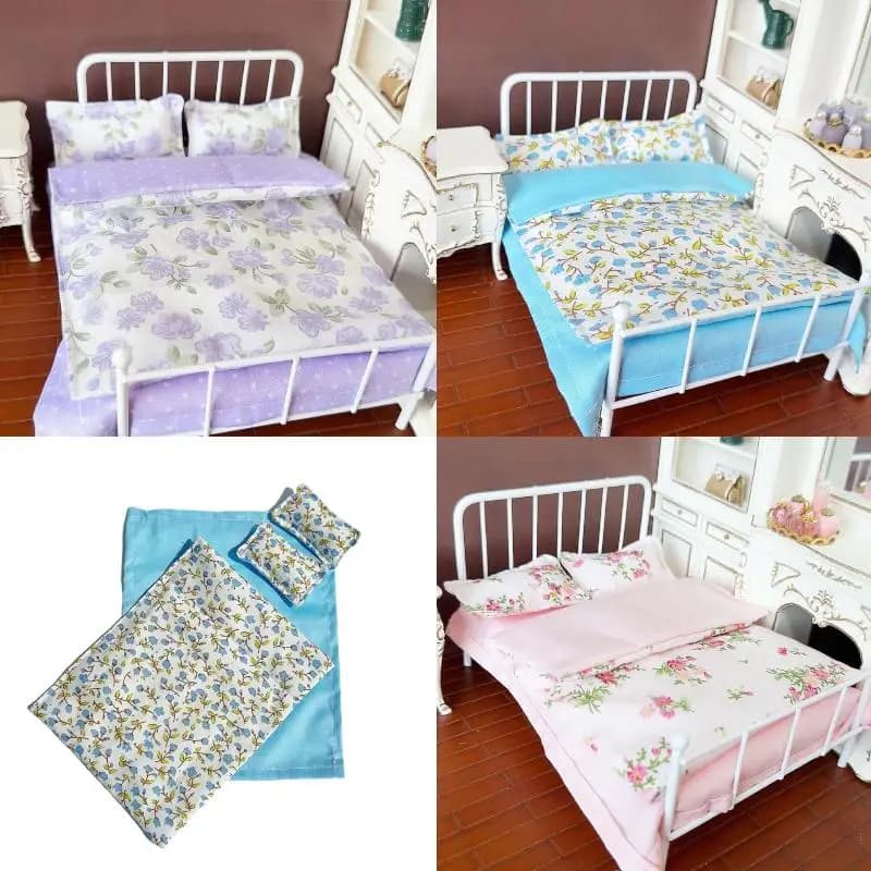 [JN]1/12 Letto in miniatura per casa delle bambole Set letto in quattro pezzi Lenzuolo Trapunta Cuscino Copripiumino Set di biancheria da letto Giocattolo per camera da letto