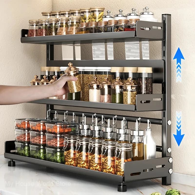 Scaffale porta spezie a 3 livelli per piano di lavoro, regolabile, per l'organizzazione delle spezie, per mobile da cucina, scaffale in metallo nero