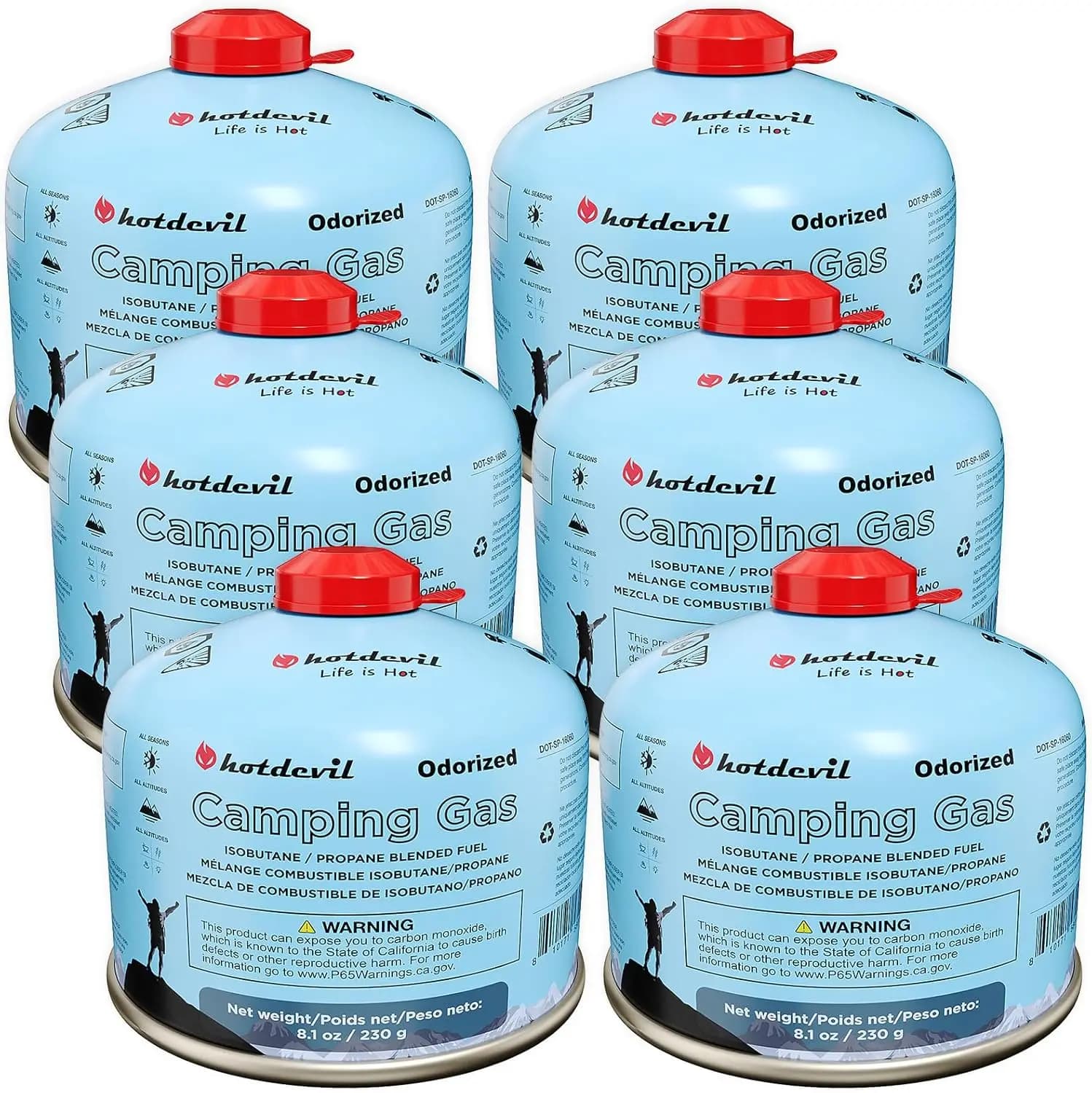Isobutane Fuel Canister (Butane/Propane Blend) - 230g (8.1oz) Each, 6-Pack, All-Season Camping Stove Fuel, High Output and Effic