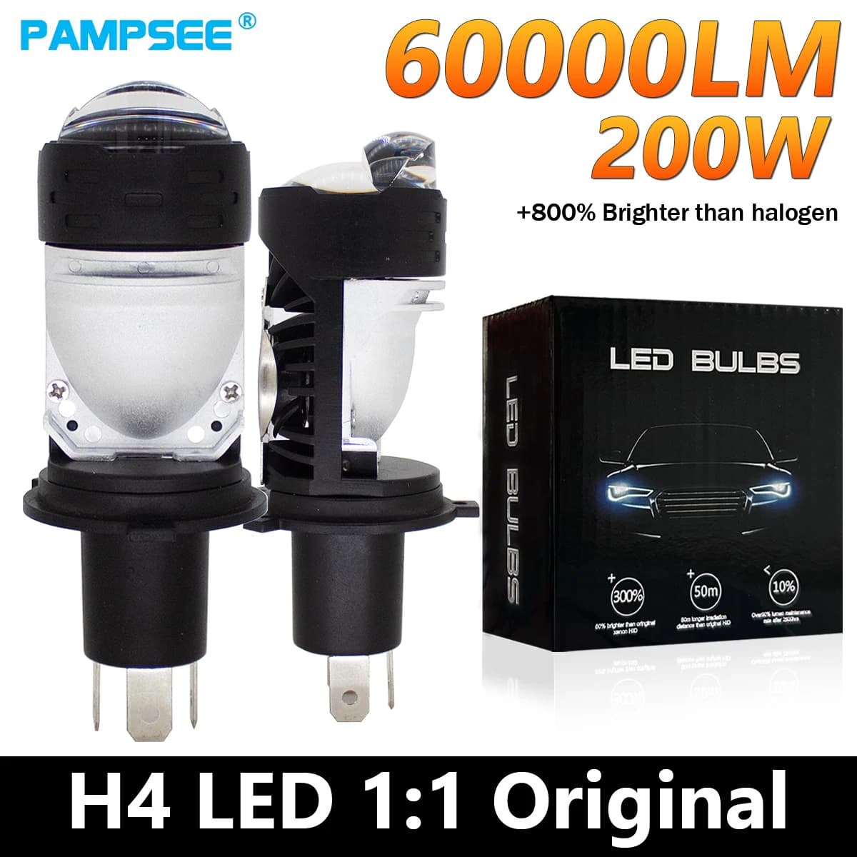PAMPSEE Proiettore H4 Lente LED Lampadine per fari auto HB2 60000LM 200W CANBUS Turbo Lampadina automatica H4 Lampadina fendinebbia a luce alta e bassa 12V 24V