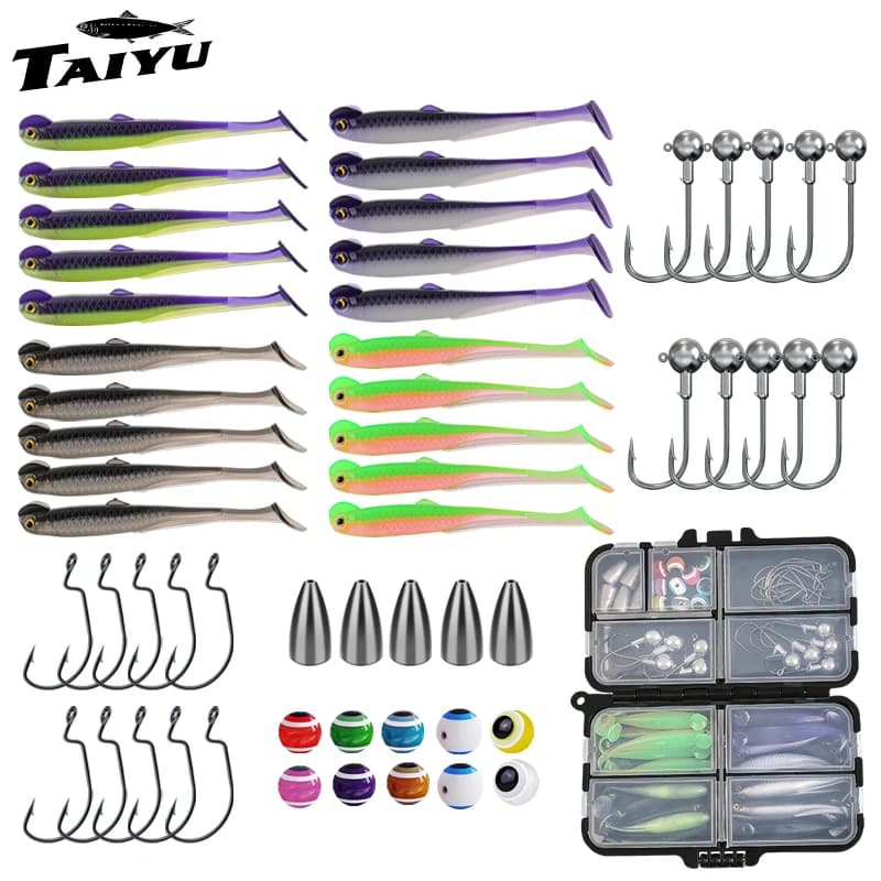 TAIYU 56 pcs/set Fishing baits Freshwater/water Freshwater Salt Esche Soft Pro Gear Tackle Box Fishing Equipment With Fishing Accessories