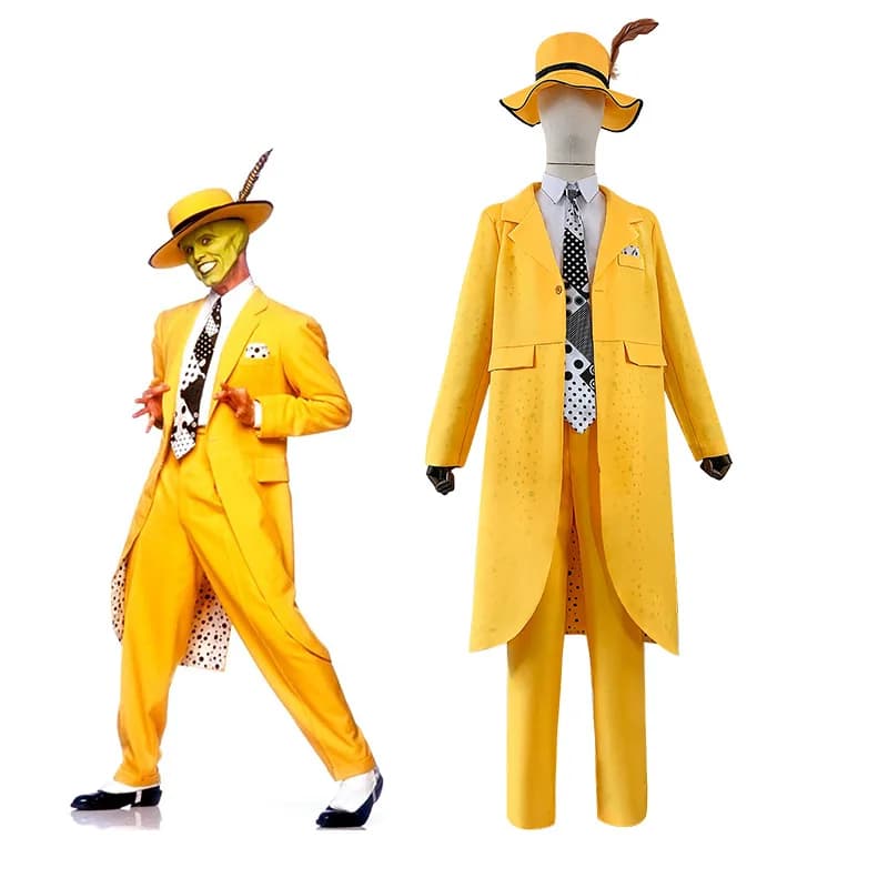 Film La Maschera Costume Cosplay JimCarry Cosplay Uniforme Gialla Vestito da Festa di Carnevale Cappello Maschera Verde Puntelli da Clown di Halloween Abiti