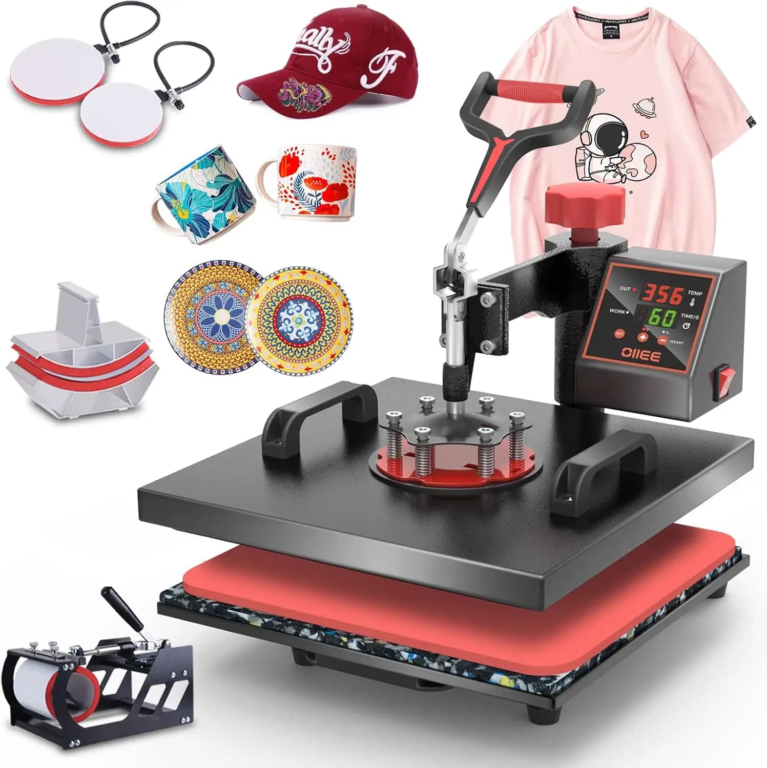 Pressa a Caldo 5 in 1 da 15x15 Pollici con Rotazione a 360° per Sublimazione Digitale su T-shirt, Tazze, Cappelli e Piatti