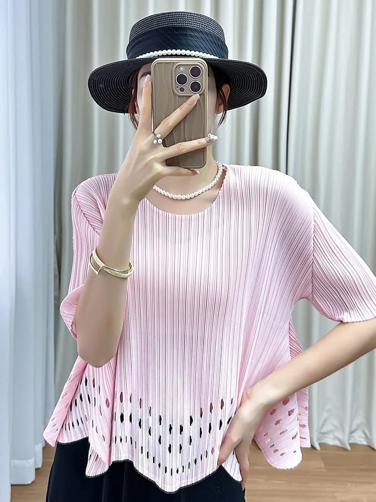 Loose Hollow out Short Sleeve round Neck T-Shirt Wrinkles Simple Slimming Belly Cover Summer Youth Reducing Effect Silk Blouse