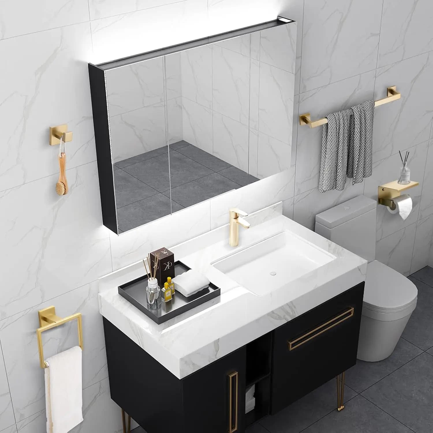 Set di accessori da bagno da 4 pezzi in acciaio inossidabile premium oro spazzolato, porta asciugamani, porta carta igienica, mensola da parete