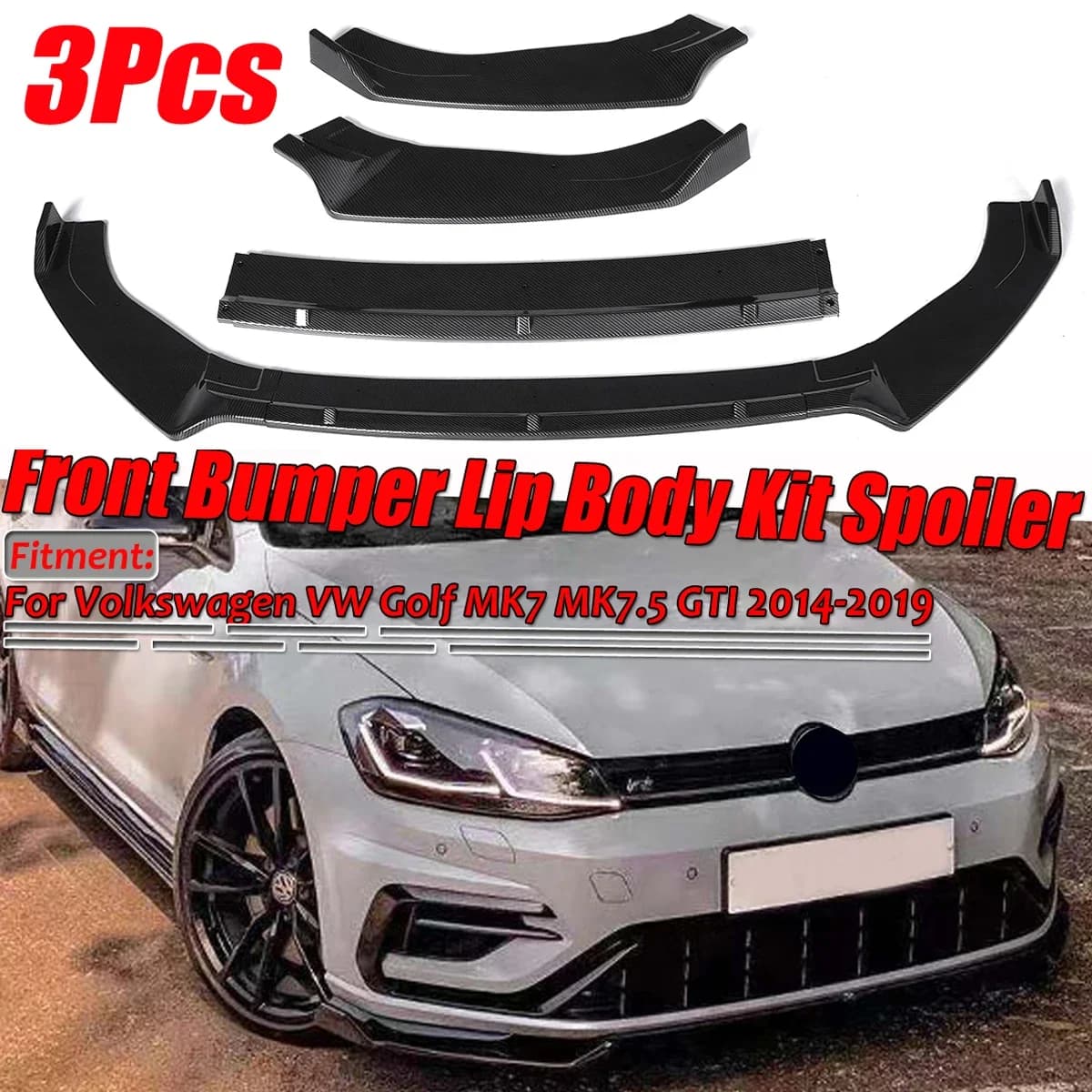 3pcs Car Front Bumper Splitter Lip Diffuser Spoiler Guard Protetor Lip For Volkswagen For VW Golf MK7 MK7.5 GTI R GTD 2014-2019