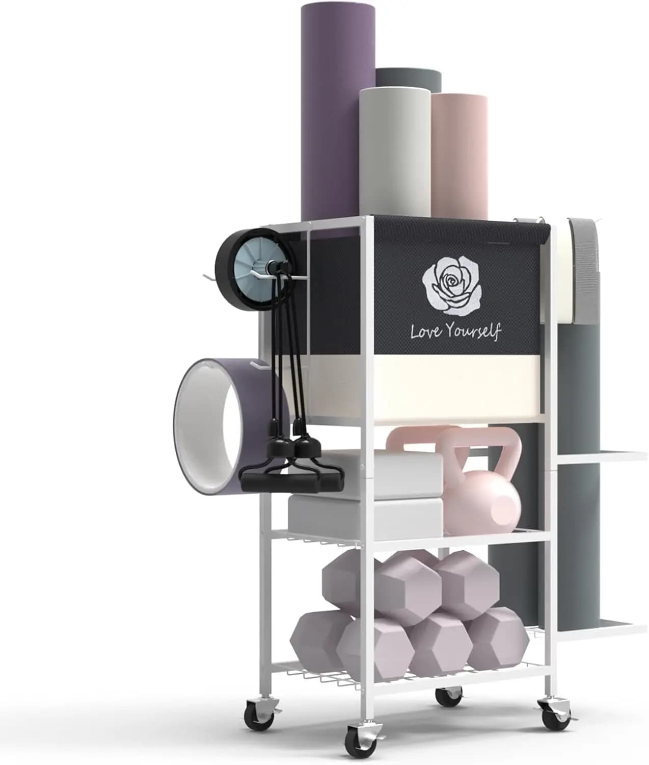Portaoggetti Portatile per Palestra Domestica con Ruote per Tappetini Yoga, Manubri e Attrezzature per Allenamento