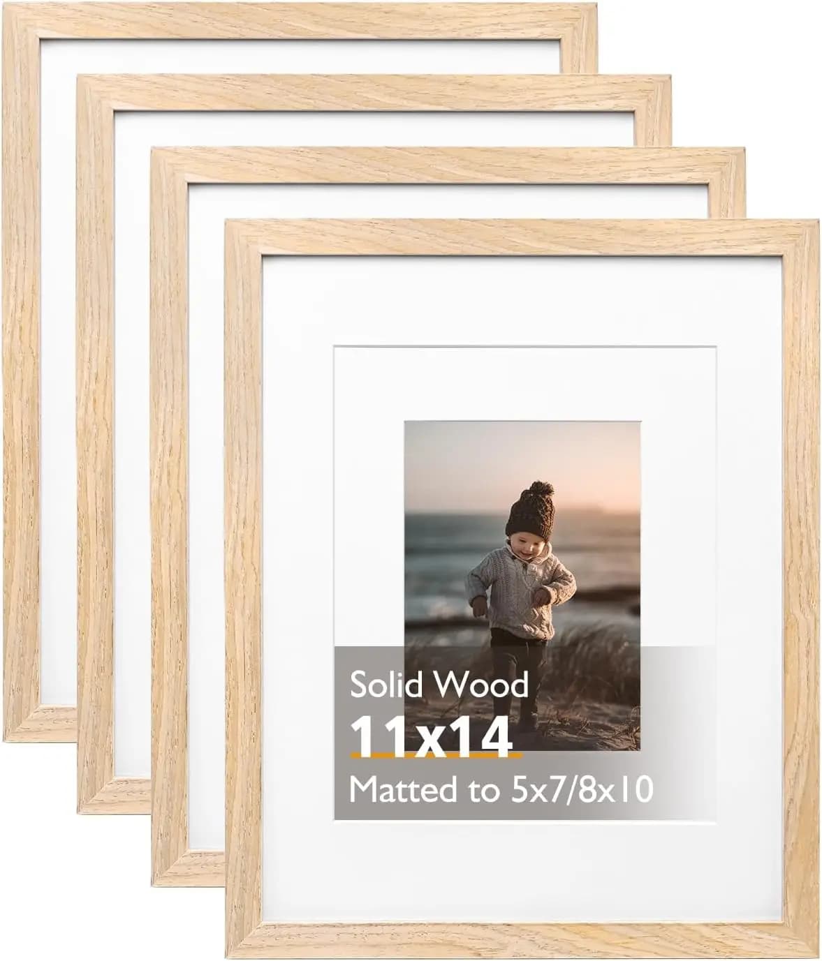 11x14 Picture Frame Natural Solid Wood Set of 4, with Acrylic Plexiglass, Tabletop and Wall Display for 5x7/8x10 with Mat or