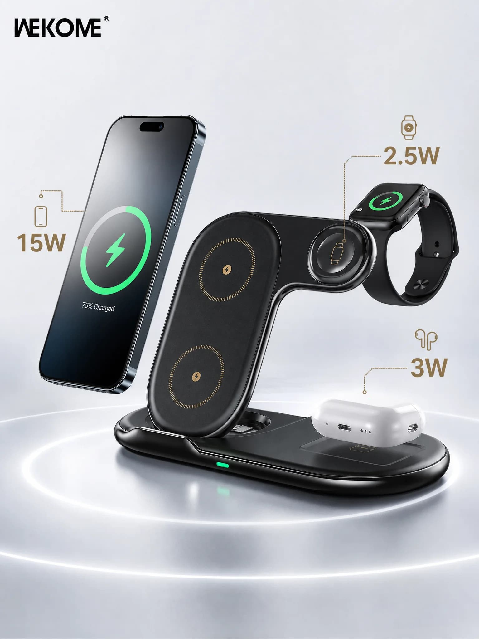 WEKOME Caricatore Wireless 3 in 1 Pieghevole con Supporto Regolabile e Raffreddamento per Telefono, Orologio e Auricolari, Ricarica Rapida WP U167