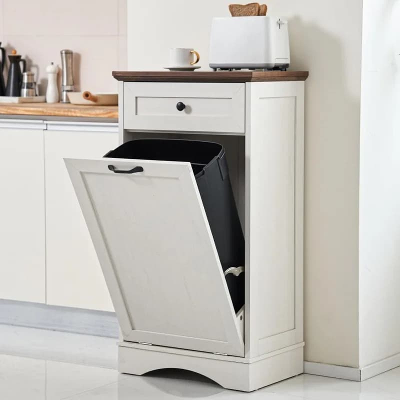 13 Gallons Tilt Out Trash Cabinet Freestanding Kitchen Trash Bin Cabinet Wood Garbage Recycling Cabinet with Hideaway Drawer
