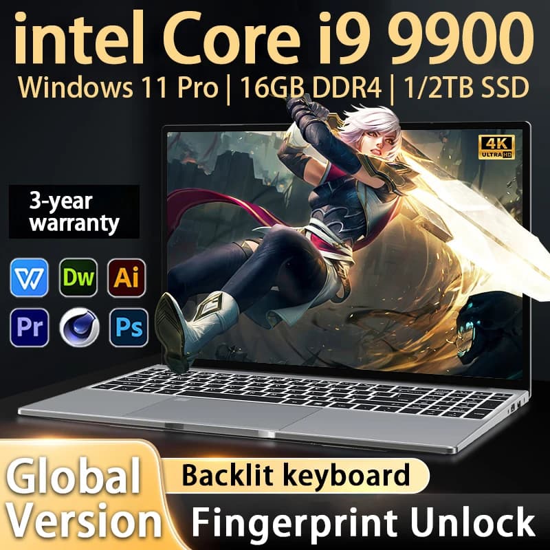 Nuovo Laptop 2026 da 15.6 Pollici con Windows 11, Intel Core i9 9900, 16GB RAM, SSD da 1TB/2TB, Sblocco con Impronta Digitale, PC per Studio, Ufficio e Gaming