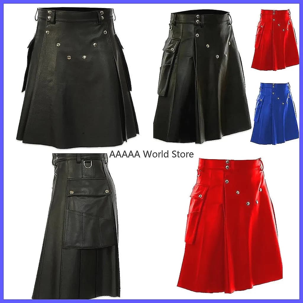 Kilt in Ecopelle per Uomo - Gonna Plissettata con Tasche Cargo, per Festival e Feste, Multicolore