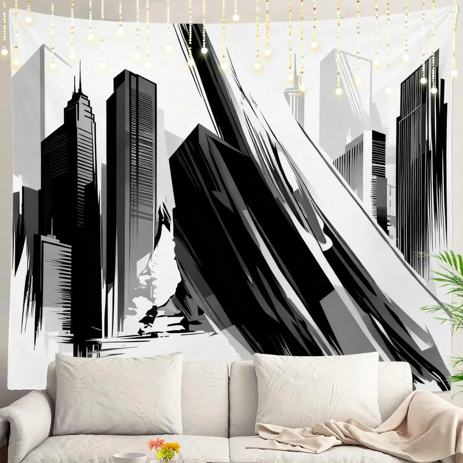 Modern Abstract City Skyline Tapestry Wall Hanging Decor Polyester Canvas Art for Living Room Bedroom Decoration