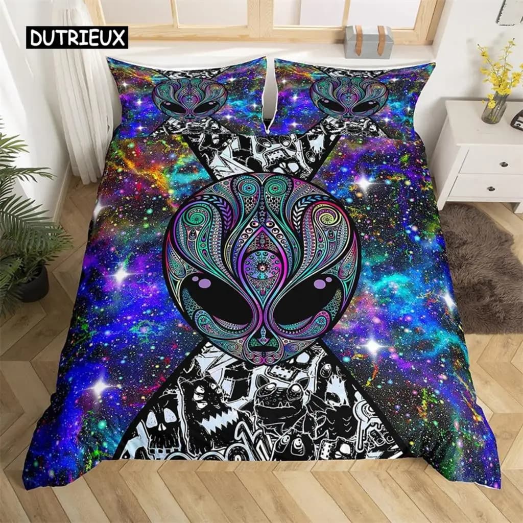 Set Copripiumino Colorato con Teschio Alieno Fantastico, Set Biancheria da Letto Psichedelico Spaziale, Regalo Alieno per Camera da Letto, Decorazione per Uomini e Ragazzi