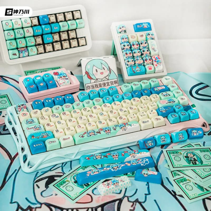 Keycap Cartoon Anime Hatsune Miku 6.25u 140 tasti, sensazione morbida, altezza MOA, adatto per tastiere meccaniche con tasti magnetici a croce