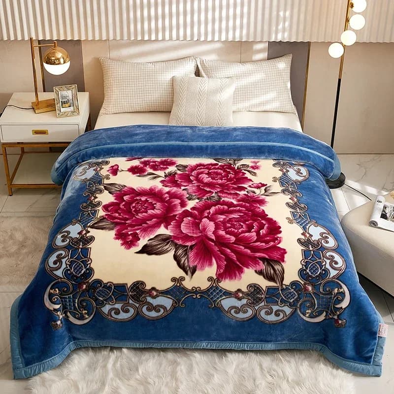 Coperta pesante invernale a doppio strato in peluche Raschel, calda e soffice, con stampa floreale, per letto o come tappeto.