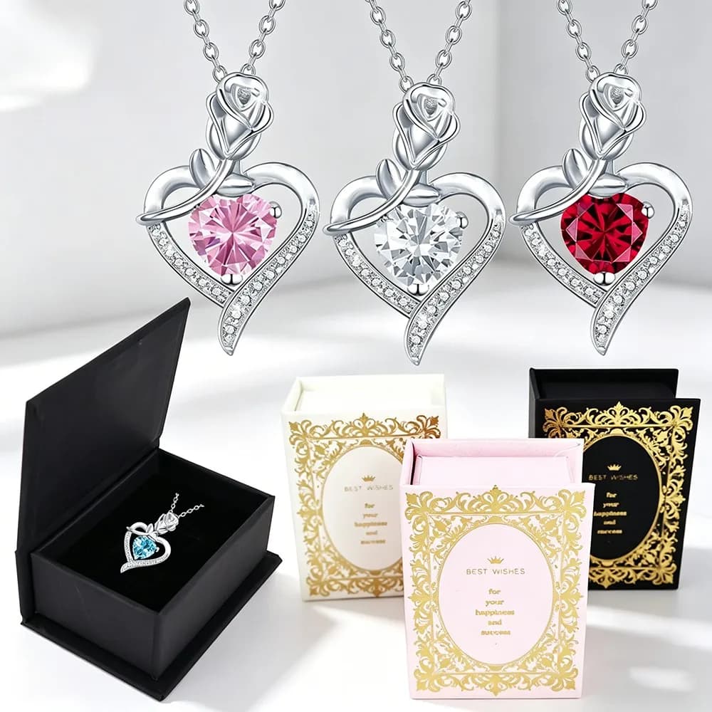Collane con ciondolo a forma di cuore rosa con mini scatola regalo a forma di libro per donne, madri, fidanzate, gioielli ideali per Natale e compleanno