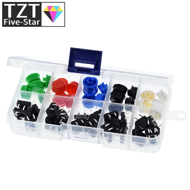 1 SCATOLA=25 PZ Interruttore a Pulsante Tattile Momentaneo 12*12*7.3MM Microinterruttore + 25 PZ Cappucci Tattili (5 colori) per Arduino con Custodia