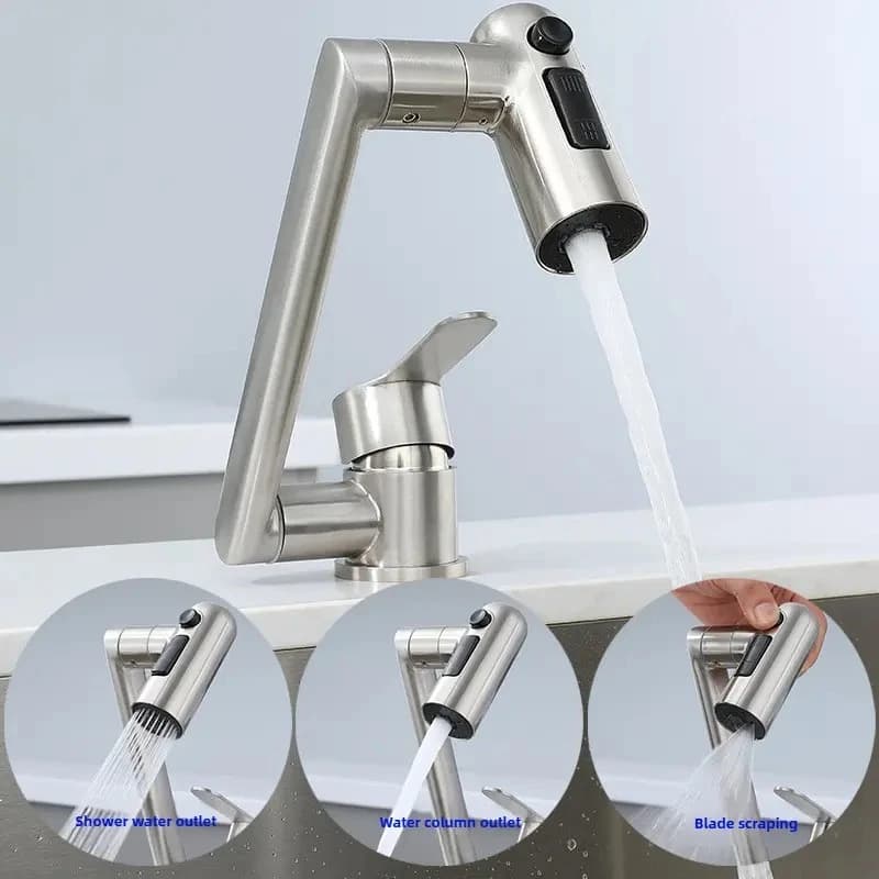 Foldable Bathroom Basin Faucet Stream Sprayer Hot Cold Water Tap Stainless Steel Mixer Wash Tap Aerator 360° Rotation Swing Arms