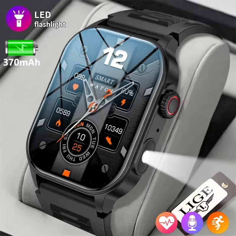 LIGE Smart Watch men's Bluetooth call watch custom dial sports fitness flashlight military IP68 waterproof AI Voice Smartwatch