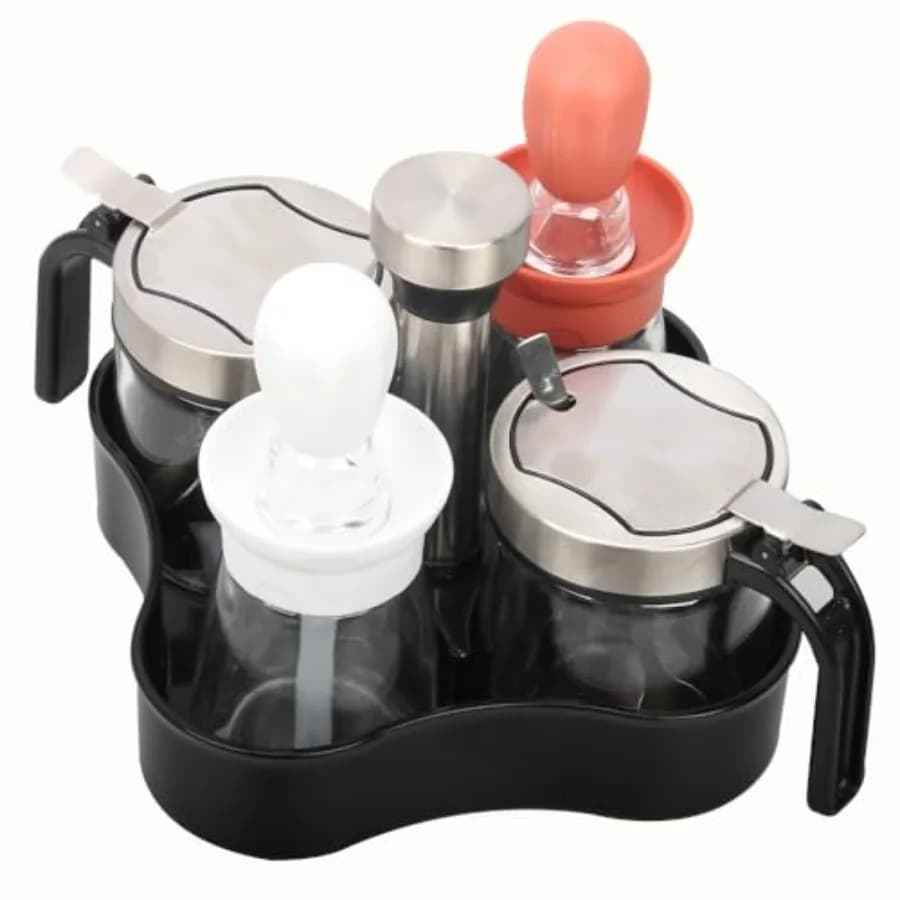 Set di 4 Contenitori Girevoli per Condimenti con Coperchio e Cucchiaio, Zuccheriera, Saliera e Pepiera con Rotazione a 360°